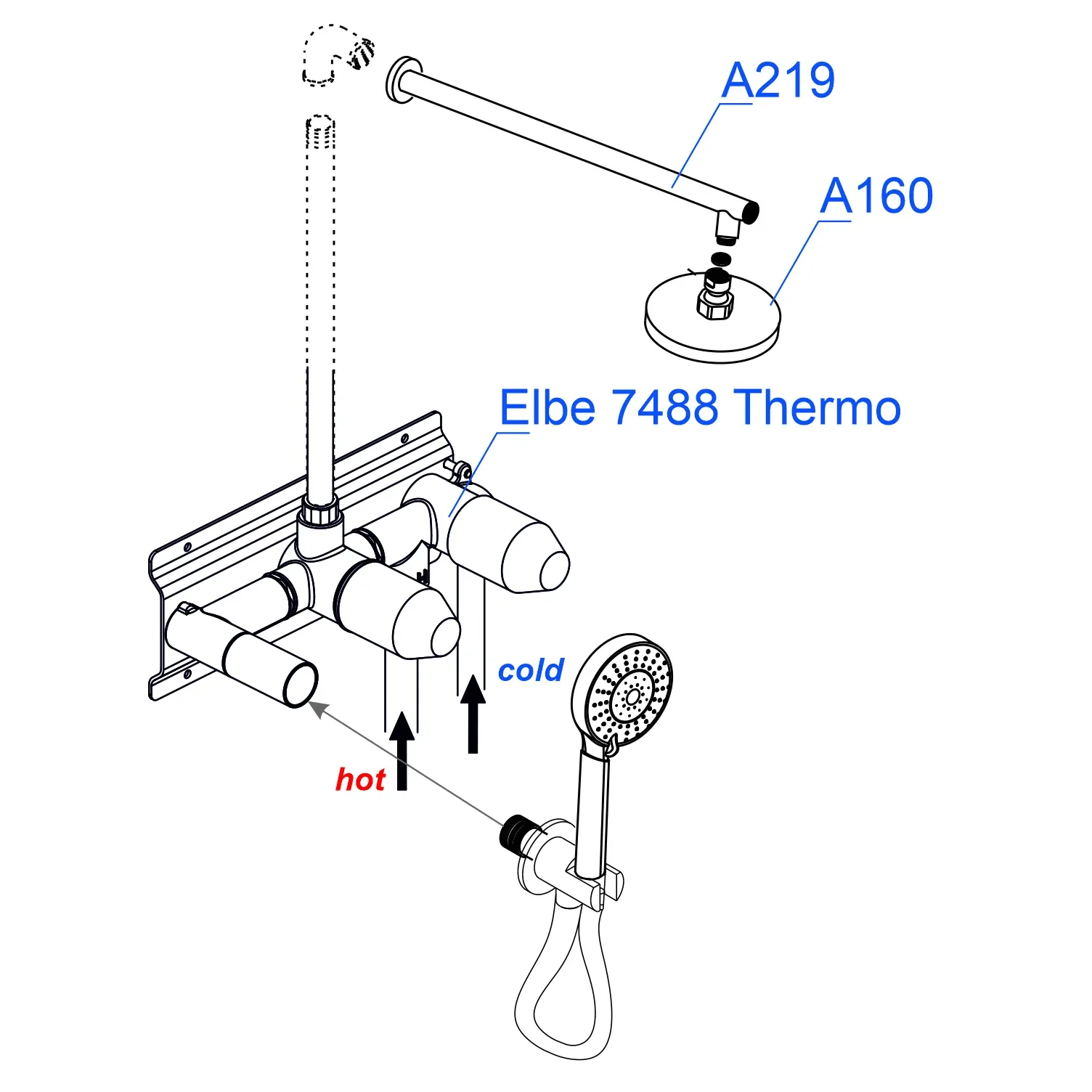 Встраиваемый комплект для ванны с верхней насадкой, лейкой A16160 Thermo
